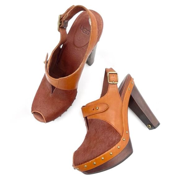 UGG Nicco Leather Calf Hair Platform Peep Toe Slingback Sandal Brown Size 8.5 - Picture 13 of 16